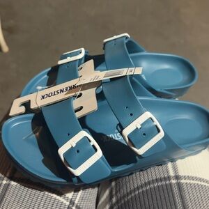 Birkenstock Women’s Teal Sandals with White Buckles